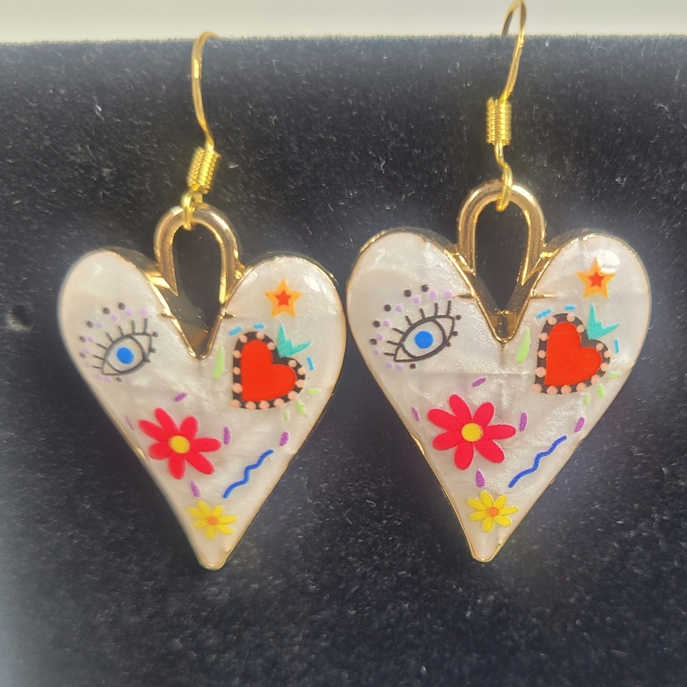 Heart-Shaped Gold and Multicolor Earrings